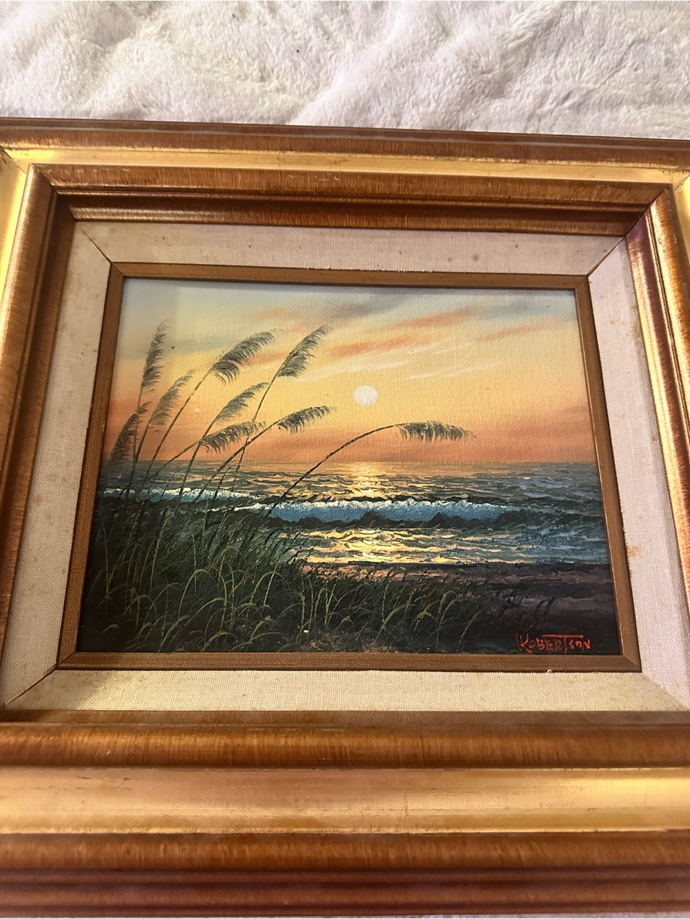 Sunset Beach Seascape Oil Painting by Robertson  - Gold Frame 15in x 17in